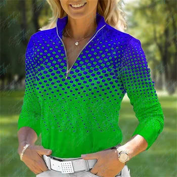 Новое женское поло для гольфа с длинным рукавом 2023, весна-осень, модная рубашка с мультяшным принтом, Дышащая быстросохнущая теннисная футболка для гольфа