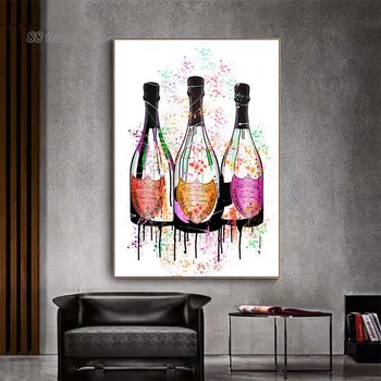Красочное абстрактное граффити цвета шампанского на холсте, печать плаката, бутылка шампанского, настенное художественное изображение, декор столовой