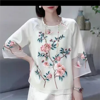 Белая Китайская рубашка с вышивкой для беременных, женская осенняя новинка 2023 года, повседневный китайский топ, модный топ для беременных LF072