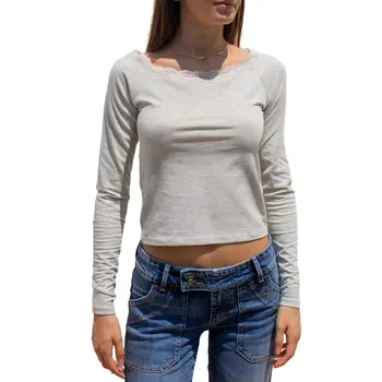 Женские повседневные футболки с длинными рукавами, кружевная отделка, вырез лодочкой, однотонная футболка, весенние облегающие топы, уличная одежда