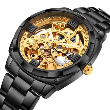 Мужские часы из черного золота, мужские часы Relogio Skeleton, лучший бренд класса люкс, наручные часы Montre из нержавеющей стали, мужские механические часы