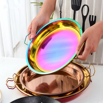 Посуда из нержавеющей стали цвета радуги, Салатница с ручкой, Кухонный поднос для закусок, инструменты для пикника