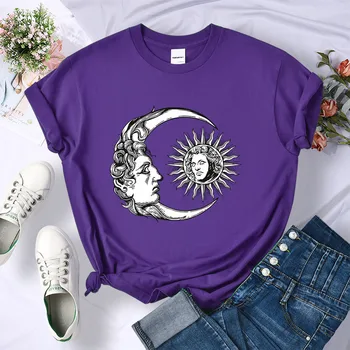 Солнце и Луна, Нарисованные вручную Женские футболки в уличном стиле, Забавная одежда для личности, Дышащие Уличные топы, Футболки с круглым вырезом
