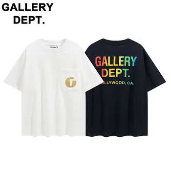 Мужская футболка 2023 GALLERY DEPT, Модный бренд, Летние хлопчатобумажные рубашки с карманом, окрашенные галстуком, с коротким рукавом, рубашка с коротким рукавом с надписью