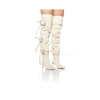 Белые ботинки с острым носком с пряжкой на тонком высоком каблуке, Пикантные, модные Зимние Повседневные Женские туфли большого размера Zapatillas Mujer