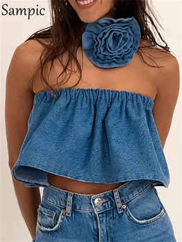 Укороченный джинсовый топ Sampic в цветочек, без бретелек, без рукавов, женская летняя Сексуальная майка Y2K, уличная одежда