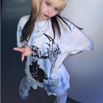 Harajuku Y2k Girl Punk Tie Dye Принт, Футболка с короткими рукавами, Японское Готическое Аниме, Топ 90-х, Винтажные Модные Белые Футболки, Женская рубашка