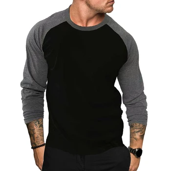Повседневная мужская футболка с цветным блоком, длинный рукав, отстрочка, O-образный вырез, облегающий мышечный пуловер, топы, футболка, мужская одежда