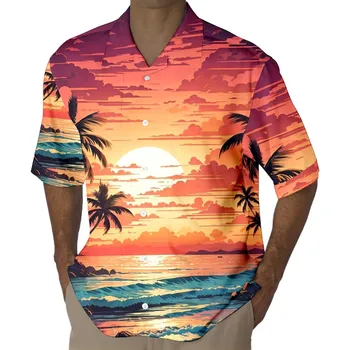 Мужская рубашка в повседневном стиле с короткими рукавами, 3D принт, приморский кокосовый принт, кардиган с короткими рукавами, Этническая пуговица в стиле ретро