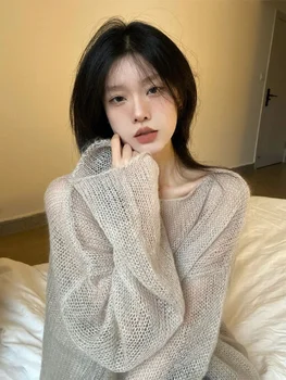 Однотонный модный Эстетичный свитер Y2k, женские Корейские Повседневные Свободные свитера 2023, Женская одежда с круглым вырезом, пуловер с длинным рукавом, одежда