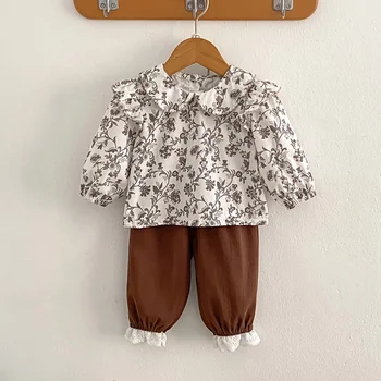 Весенний костюм для новорожденных девочек, хлопчатобумажная рубашка с длинными рукавами и принтом + брюки, Комплект одежды для маленьких девочек