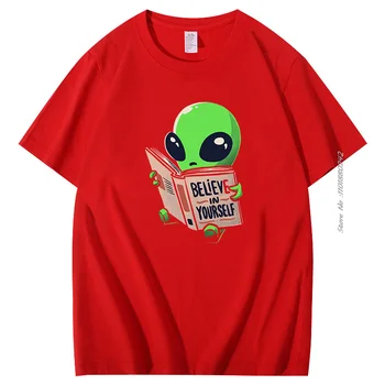 Поверь в себя, инопланетянин читает, футболка с графическим рисунком, Унисекс, мягкие повседневные топы, Унисекс, забавная хлопковая футболка большого размера с коротким рукавом.