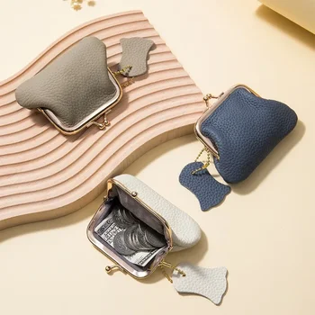Новый кожаный компактный винтажный кошелек для монет, женская мини-сумка для хранения монет, сумка-зажим с рисунком личи из воловьей кожи верхнего слоя