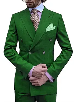 Зеленый мужской строгий деловой костюм с вырезами на лацканах, нежный двубортный смокинг жениха для свадьбы/вечеринки (блейзер + брюки)