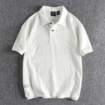 Летняя новая однотонная футболка-поло в американском ретро стиле с короткими рукавами и лацканами, мужские простые повседневные топы из 100% хлопка, выстиранные, в деловом стиле