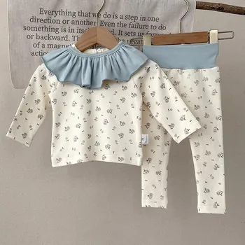 Осенне-весенний комплект одежды для новорожденных девочек, хлопковая футболка с длинными рукавами и принтом + брюки + нагрудник, пижамный костюм для маленьких девочек для малышей