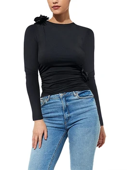 Женские укороченные топы Slim Fit, повседневная однотонная облегающая футболка с круглым вырезом и длинным рукавом, Базовая уличная одежда