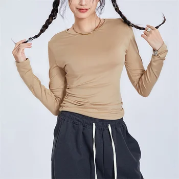 Осенне-весенние женские футболки, однотонная повседневная базовая футболка с круглым вырезом и длинными рукавами, открывающая пупок, укороченные топы, уличная одежда