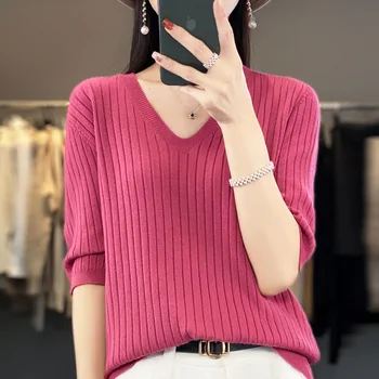 2023 Новая женская короткая футболка-пуловер с V-образным вырезом и короткими рукавами, однотонная трикотажная рубашка в полоску