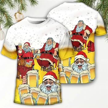 Рождественская мужская футболка, повседневный топ с коротким рукавом, топы с круглым вырезом и принтом Санта-Клауса, модная уличная одежда оверсайз, мужские футболки