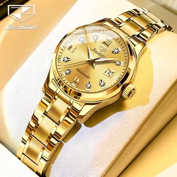 JSDUN Модные Механические часы с простым календарем для женщин, роскошные Золотые часы высокого качества, светящиеся 30-метровые Водонепроницаемые часы В подарок
