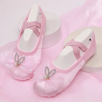 Детская танцевальная обувь на мягкой подошве для занятий кошачьим когтем, атласная кружевная обувь с цветочным рисунком для йоги, обувь принцессы для гимнастики в помещении для девочек