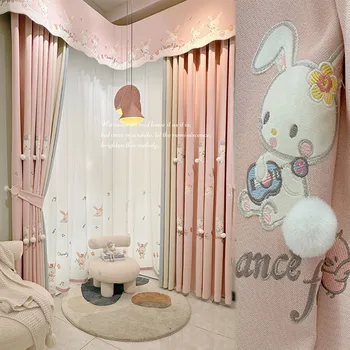 Затенение эркера в спальне для девочек в стиле французской принцессы, Розовые мультяшные милые занавески для детской комнаты, вышитые шторы на заказ