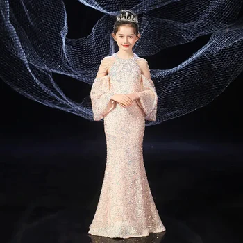 Модель элегантного платья принцессы для детского подиума, детское вечернее Роскошное длинное платье, костюм для выступления с блестками в виде рыбьего хвоста и шампанского