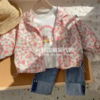 Корейская детская одежда, розовая куртка с капюшоном в цветочек для девочек, весенний новый детский свободный повседневный топ, детские куртки для девочек
