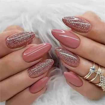 Аксессуары для 3D-накладных ногтей осень-зима телесно-розового цвета с блестками, дизайн французских миндальных кончиков, искусственные накладки на накладных ногтях