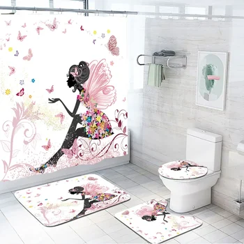 Фантазийный Комплект штор для душа, Маленькая Эльфийка, Девочка-Бабочка, Занавески для ванной, Коврики, Крышка унитаза, Коврик для ванной, Набор для ванной