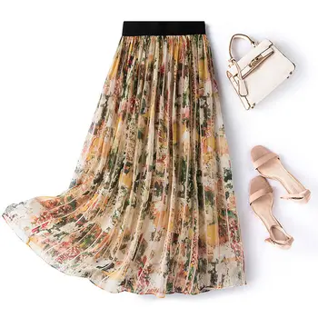 Летние длинные плиссированные юбки трапециевидной формы с цветочным рисунком, мягкие и элегантные тонкие юбки миди с принтом в виде галстука-красителя