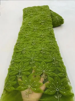 Зеленые Высококачественные Роскошные кружевные ткани с 3D цветочным бисером 2023 года, свадебная вышивка, французская сетчатая кружевная ткань для свадебного платья