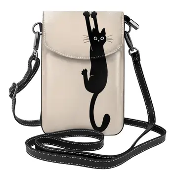 Черная сумка с животными из мультфильмов для любителей кошек, студенческие модные женские сумки, эстетичный Кожаный офисный кошелек