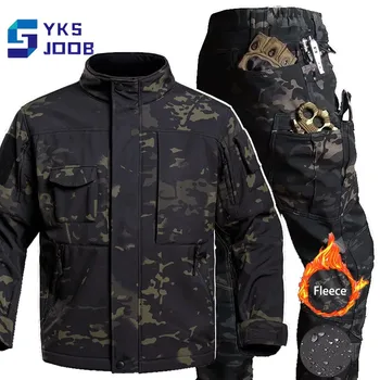 Тактический походный флисовый теплый комплект, мужские ветрозащитные водонепроницаемые куртки + износостойкие Комплекты брюк с несколькими карманами, Походные костюмы