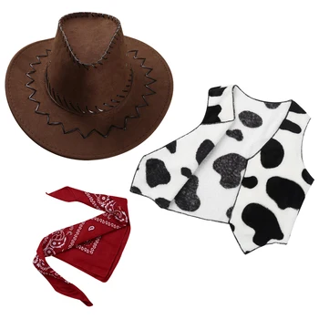 Детская ковбойская ковбойка в стиле Вестерн, фетровая ковбойская шляпа, бандана, платки, фланелевый жилет с принтом коровы, топы, комплект для костюмов для косплея на Хэллоуин.
