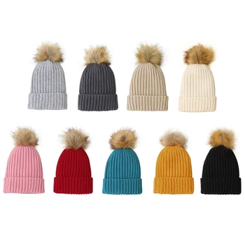 L5YF, Вязаная однотонная шапка для девочек и мальчиков, зимняя теплая детская шапочка с меховым шариком
