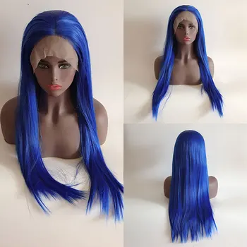 Потрясающий Темно-синий Прямой синтетический парик на кружеве 13X4, высококачественные волосы из термостойкого волокна для модных женских париков для косплея