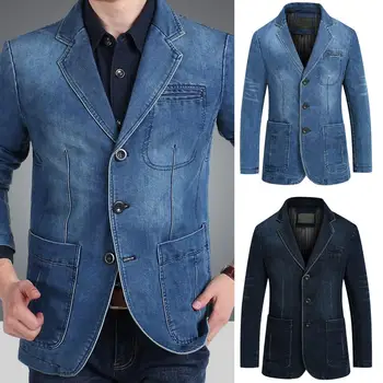 Новый мужской джинсовый блейзер, мужской костюм, Модное хлопковое винтажное мужское синее пальто размера оверсайз 4XL, джинсовая куртка, Мужские джинсовые блейзеры