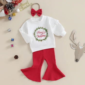 Рождественский наряд для новорожденной девочки, Толстовка с длинным рукавом и надписью, топ, расклешенные брюки в рубчик, повязка на голову, комплект из 3 предметов