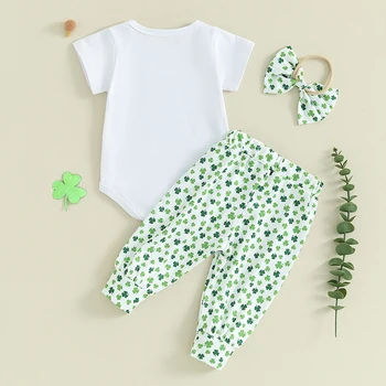 Ирландский наряд для новорожденных девочек, Ползунки с короткими рукавами и буквами, Эластичные штаны с трилистником, повязка на голову, Весенне-летняя одежда