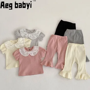 Комплекты одежды для маленьких девочек, Летняя Новая футболка с кружевным отворотом и коротким рукавом, расклешенные брюки, одежда для маленьких девочек, наряд для малышей