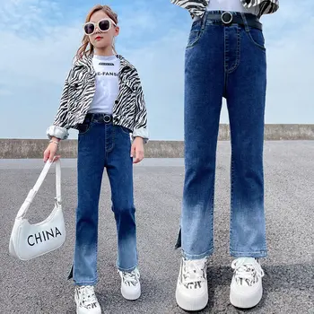 Джинсы с высокой талией для девочек, модные джинсовые брюки градиентного цвета в Корейском повседневном стиле, детские новые осенние уличные брюки, горячая распродажа