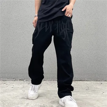 Мужские Прямые мешковатые джинсы с вышивкой Y2K и высокой талией, уличная одежда для мальчиков-подростков в стиле хип-хоп, повседневные джинсовые брюки для скейтборда