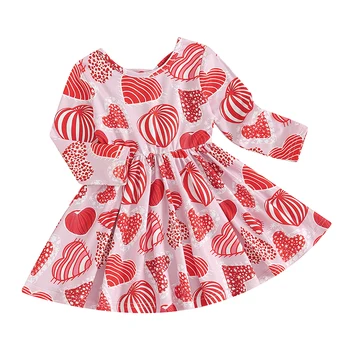 Платье на День Святого Валентина для маленьких девочек с длинным рукавом и круглым вырезом и принтом в виде сердца, приталенное платье, милое платье трапециевидной формы