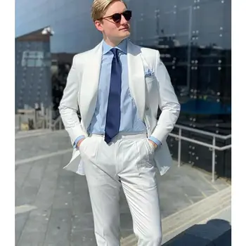 Джентльменский Белый деловой мужской костюм Двубортный свадебный комплект для жениха, официальный наряд для выпускного вечера (куртка + брюки)