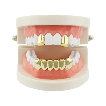18-каратное позолоченное верхнее 2 нижних 6 зубьев Покрытие для зубов в стиле хип-хоп Гладкое золото для мужчин и женщин Зубы вампира на Хэллоуин