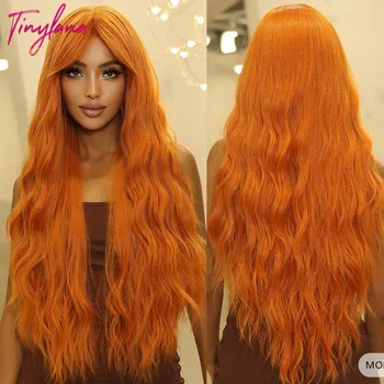 Длинные вьющиеся оранжево-желтые синтетические парики с длинной челкой, Косплей для женщин, вечеринка с глубокой волной в афро, Защита от тепла натуральных волос