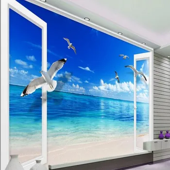 wellyu Заказная крупномасштабная фреска фантазия красивый пляж 3D окна гостиная ТВ фон стены нетканые обои