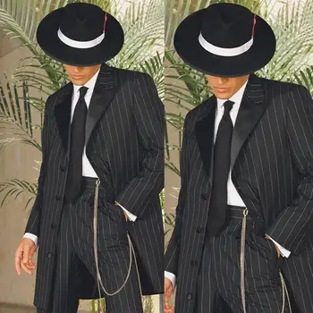 Длинный мужской костюм в черную полоску, комплект из двух предметов (куртка + брюки), Новый стиль, мужской фрак для официальных мероприятий